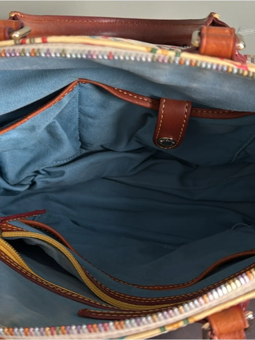 Vintage Dooney & Bourke Multicolor Monogram Satchel with Tan Leather Trim